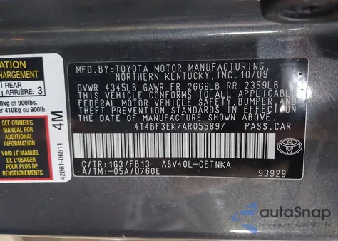 2010 Toyota Camry Le z USA, uszkodzony, nr VIN 4T4BF3EK7AR055897